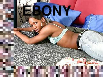 Ebony shemale gets comfortable before making her boner stiff