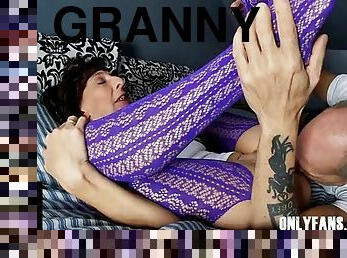 Sexy Granny In Purple Stockings  Big Cock, Lots Of CUM