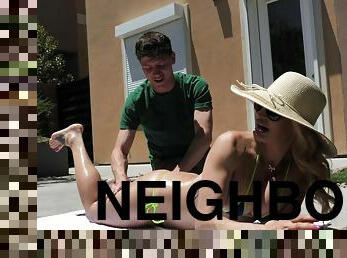 Sunbathing makes Claudia Valentine horny so she rides a neighbor