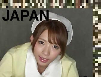 Pretty Japanese nurse Mari Rika drops on her knees to give head