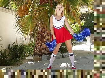Blonde cheerleader Courtney Shea drops her uniform to ride a cock