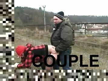 Horny couple fucking near the train tracks