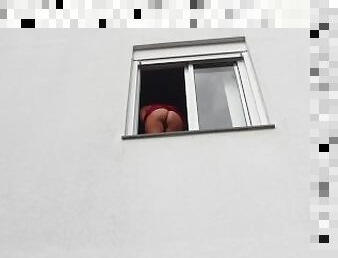 Crazy Girl Fucked With a Dildo Sticking Her Big Ass Out The Window And Pissed On A Stranger!