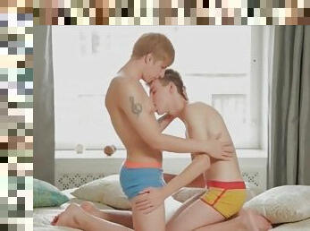 Colorful underwear on cute twink guys kissing