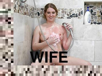 Home alone wife masturbates at the shower and reveals the best views