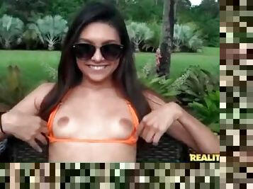 Skinny bikini girl Serena Torres models outdoors