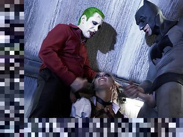 Joker and Batman team up and surround Harley Quinn with their cocks!