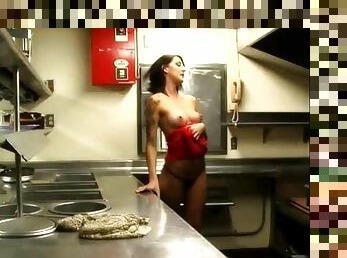 Tattooed diva fondling natural tits when screwed hardcore in kitchen