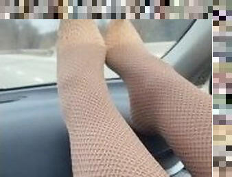 Fishnet Stockings On The Dashboard *Toe Prints*