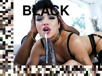 Brooklyn Gray wearing black lingerie enjoys during interracial sex
