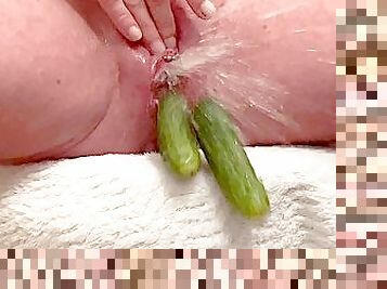 Put 2 Cucumbers in my Pussy and Piss and Squirting Rubbing my Pierced Pussy