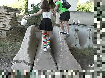 Teen Russian babe in knee long socks Nata Ocean doggy fucked outdoors