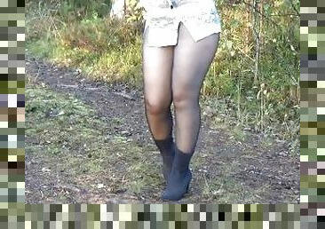 Forest walk in black pantyhose
