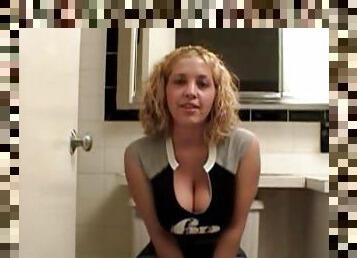 Bathroom striptease from curvy blonde goddess