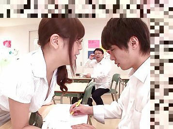 Naughty Asian teacher talks her nerdy students into a saucy mmf threesome in class
