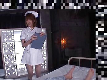 Soft pantyhose clad feet of the cute nurse get him off