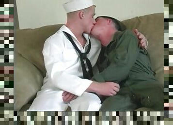 Sailor and soldier kiss and give handjobs