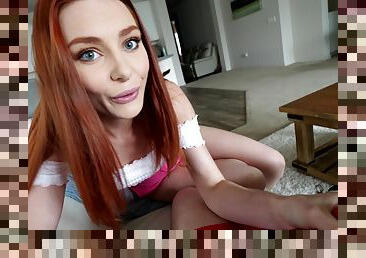 Redhead amateur Lacy Lennon drops on her knees to make him hard