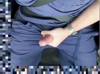 Hot male nurse plays with big cock on the way to work and gets cum on his scrubs