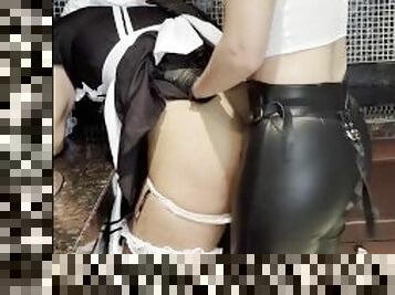 Lazy maid got a strap-on in the ass from the Mistress