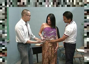 Curvy brunette lets three dudes fuck her pussy doggy style in an office