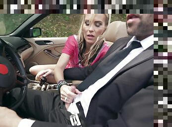 Blonde Julia Pink gets her cunt fucked by a handsome guy by the car