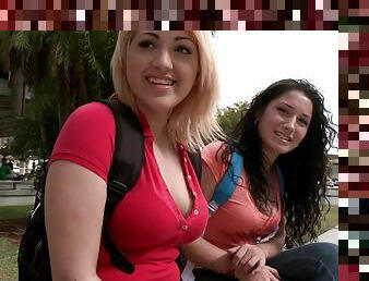 Blonde and Brunette College Girls Sharing a Dick in Threesome