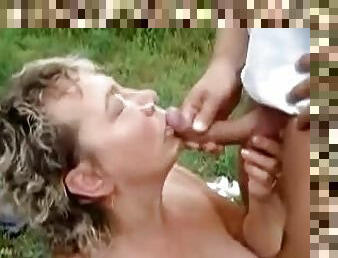Blonde Mature Giving Head for a Facial Outdoors in Homemade Porn