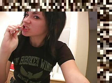 Sexy Brunette Girl Brushing Her Teeth in Homemade video