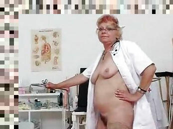 Nurse grandma toy bangs her hairy pussy