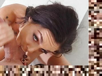 Brunette in high-heeled shoes rides a dick till orgasm