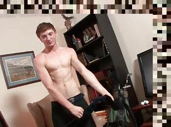 Cute twink strips to his boxer shorts and shows off