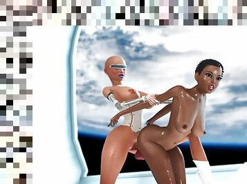 A hot futanari sex robot fucks hard a young black girl in the sci-fi bedroom