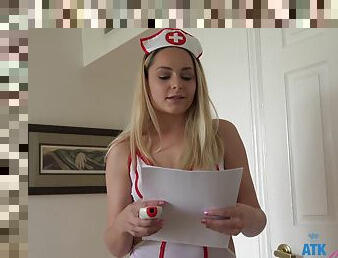 Naughty blonde nurse Aften Opal gives a footjob and rides in reverse
