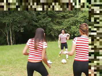 Soccer team of sexy trannies gangbang one lucky guy outdoors