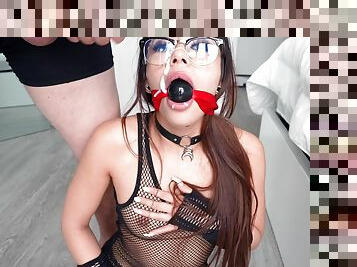 Gagged slut facialized after dirty femdom kink