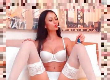 Big tits webcam girl in white lingerie smokes