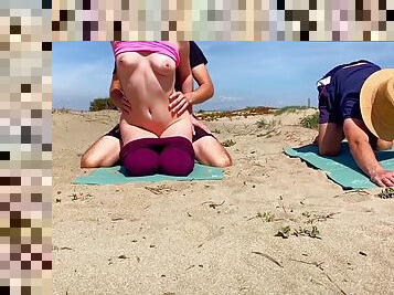 Yoga instructor cums inside her hot wifes pussy outdoors while her husband watches her get caught by strangers
