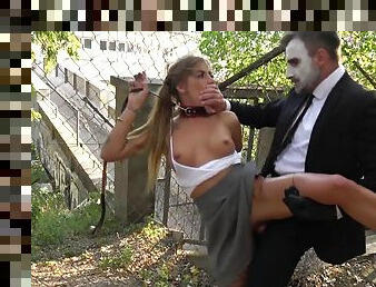 Gagged babe fucked in ruthless scenes for a complete outdoor maledom