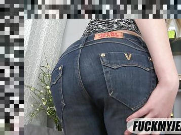 Nice ass teen in jeans has her anal slammed with a thick boner