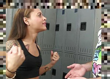 Personal trainer bangs his hot, petite client in the locker room