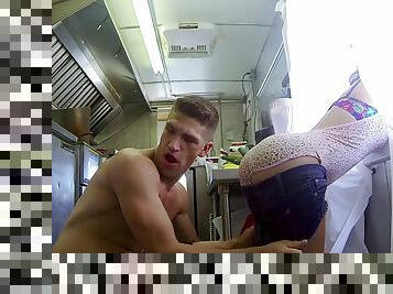 Food truck hottie gives a guy something to drink then fucks him