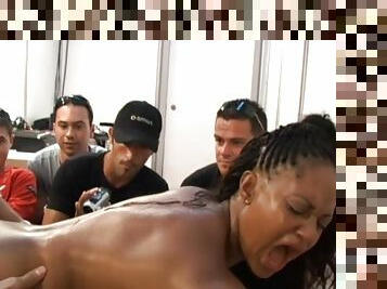 Group of guys watch as a black girl gets fucked by a white guy