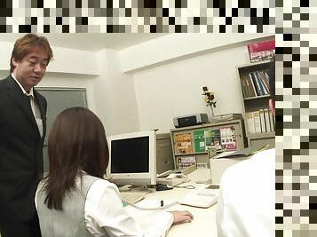 Japanese secretary plays with her sex toys while in her boss's lap