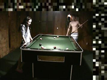 Amateur couple playing pool and having sex on the pool table