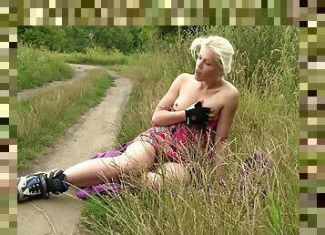 Blonde girl Krystal Jordan loves to masturbate in the outdoors