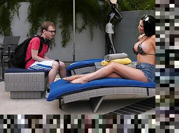 Busty milf Jasmine Jae fucked by the pool by a nerd with a long cock