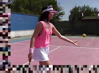 Kinky Lady D finally gets to please her pussy on the tennis court