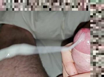 Big dick wanked off to a strong, long cumshot (almost hit the camera)