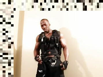 Black army muscle jerking his thick cock